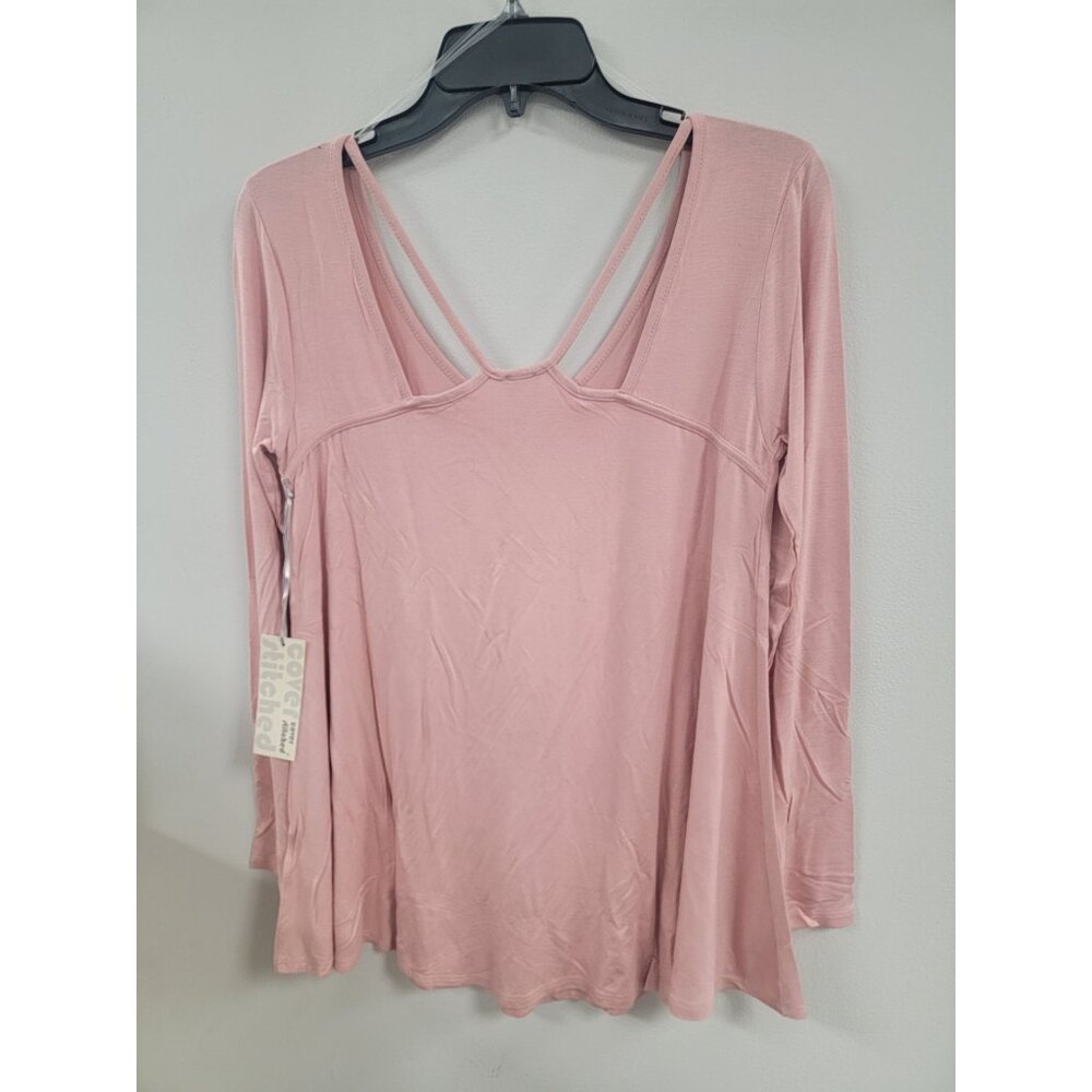 Cover Stitched Womens Small Pink Long Sleeve V-Neck Top With Strappy Back Design